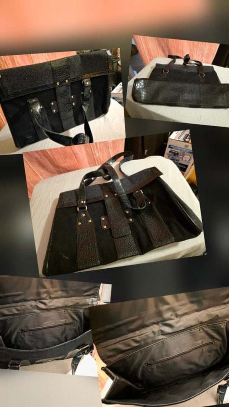 Vintage Black Mixed Material Satchel Bag - Faux Croc & Felt Details